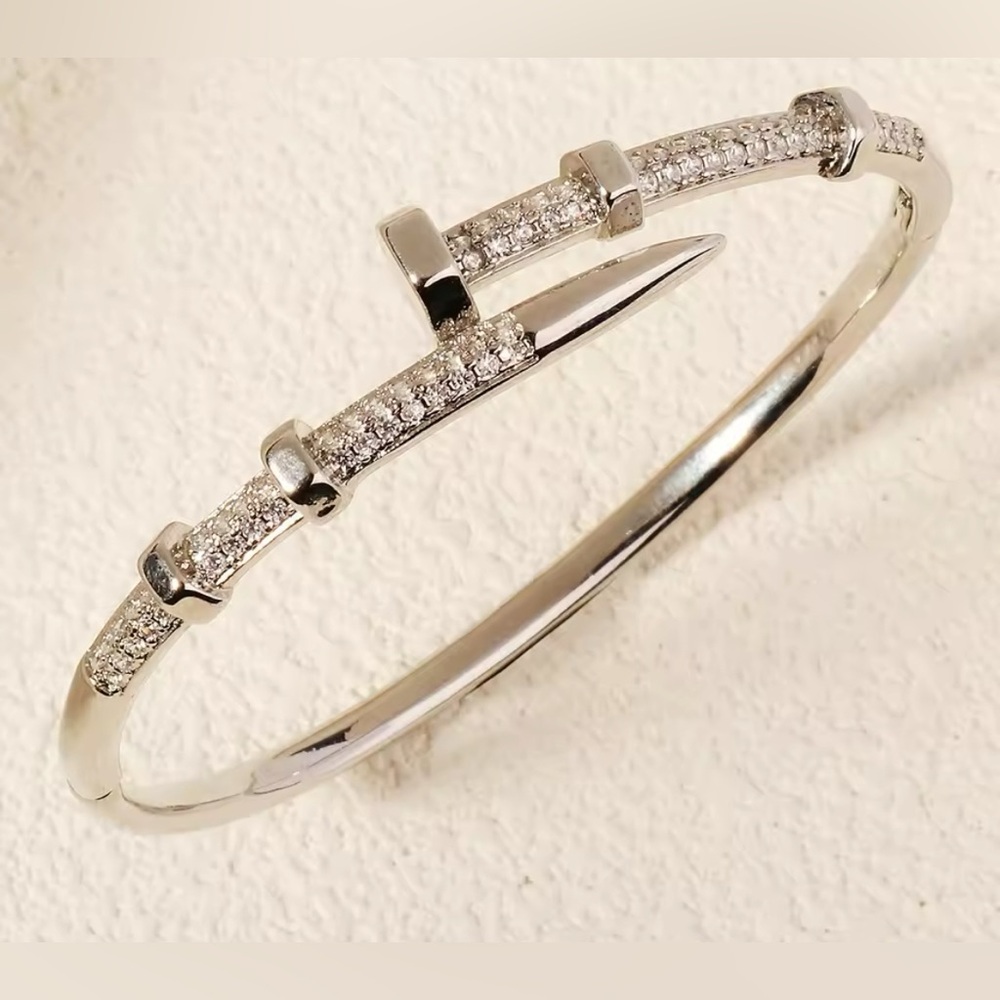 Silver-Toned Bangle Bracelet with Diamond Accents and Open Design
